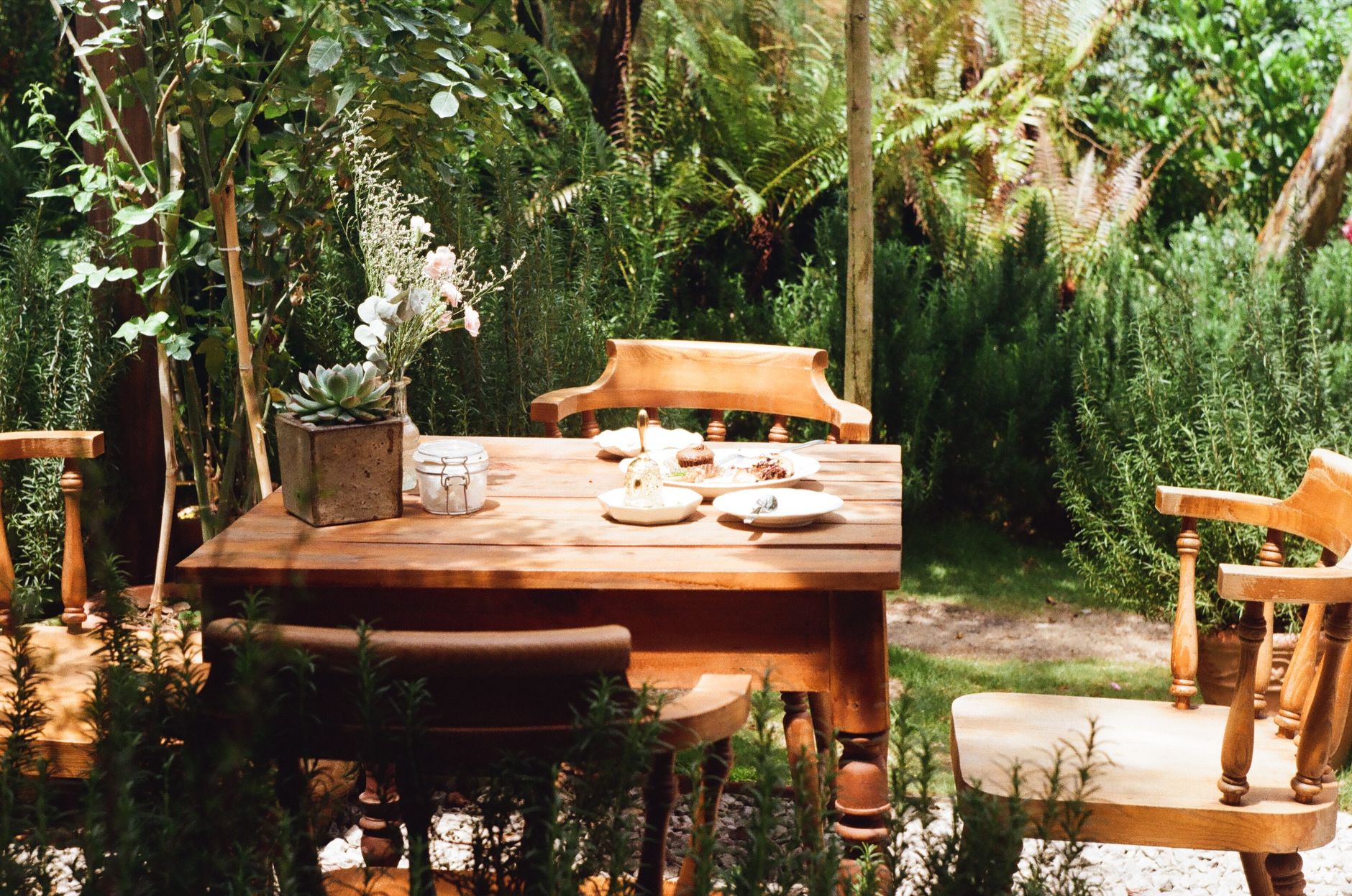 Terrasse unter der alten Kastanie mit Sonnenlicht und Tischen